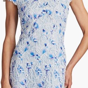 Tadashi Shoji Blue and White Floral Lace Midi Dress.  selling for $478